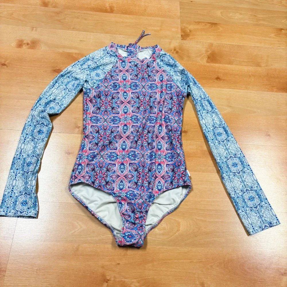 Seafolly Blue Pink & Purple Boho Tile Long Sleeve Rashguard 1 Piece Size 14